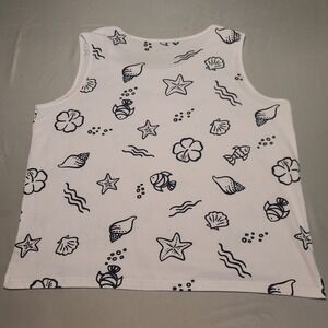 Palm Grove Tank Top Women 1X White Navy Nautical Starfish Shells Tropical Beach